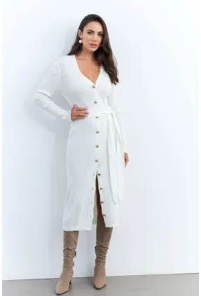 Kadın Ekru Düğme Detaylı Kuşaklı Midi Elbise MŞ1