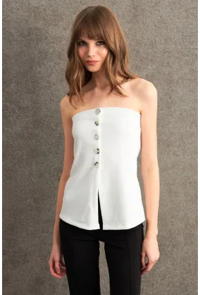 Kadın Ekru Düğme Detaylı Straplez Bluz CY355
