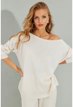 Kadın Ekru Düşük Omuz Triko Bluz YZ617