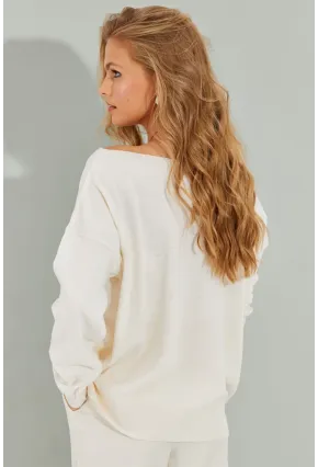 Kadın Ekru Düşük Omuz Triko Bluz YZ617