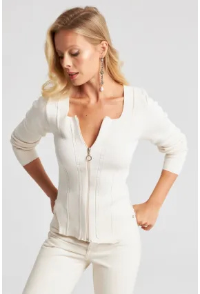 Kadın Ekru Fermuarlı Triko Kazak YZ523