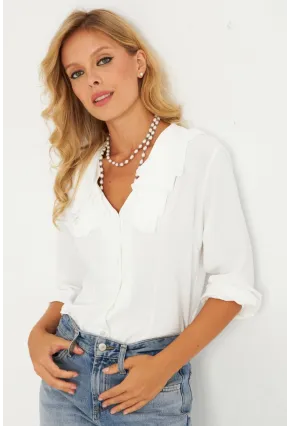 Kadın Ekru Fırfırlı Gömlek RLO19
