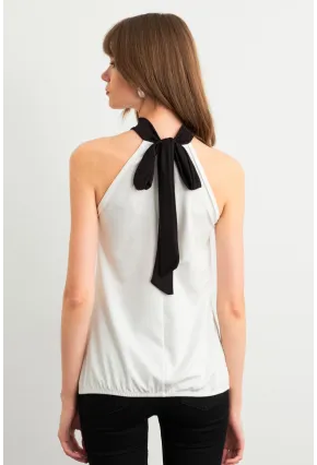 Kadın Ekru Fiyonklu Pencereli Kolsuz Bluz EY3042