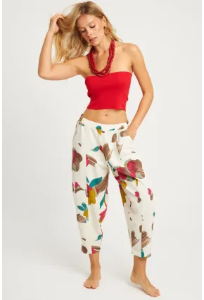 Kadın Ekru-Fuşya Desenli Keten Şalvar Pantolon K1253