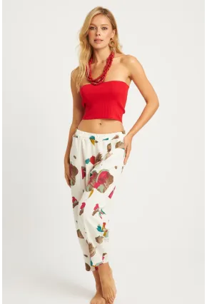 Kadın Ekru-Fuşya Desenli Keten Şalvar Pantolon K1253