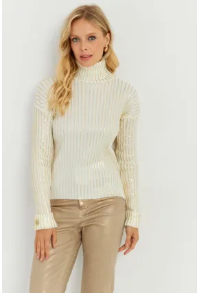 Kadın Ekru-Gold Düğme Detaylı Varaklı Triko Kazak SF2532