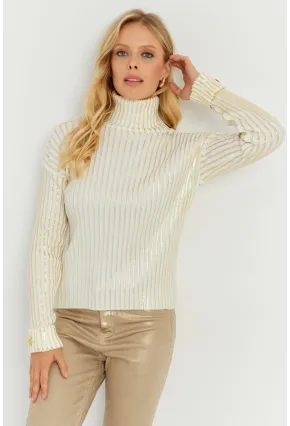 Kadın Ekru-Gold Düğme Detaylı Varaklı Triko Kazak SF2532