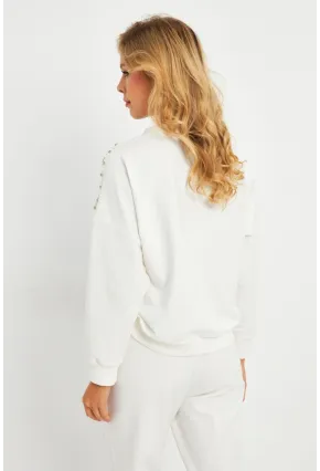 Kadın Ekru İnci Detaylı Büzgülü Sweatshirt RLO04
