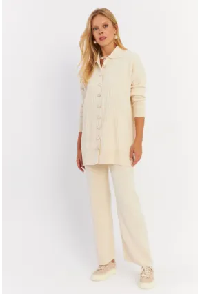 Kadın Ekru İnci Düğmeli Hırka Triko Alt Üst Takım MNUV26