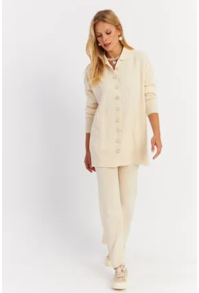 Kadın Ekru İnci Düğmeli Hırka Triko Alt Üst Takım MNUV26