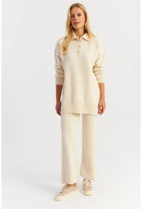 Kadın Ekru İnci Düğmeli Triko Alt Üst Takım NUV33