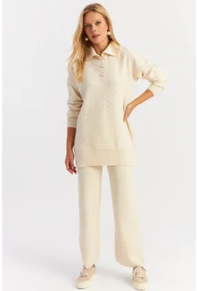 Kadın Ekru İnci Düğmeli Triko Alt Üst Takım NUV33