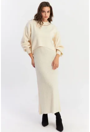 Kadın Ekru İncili Alt Üst Triko Takım NUV37