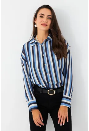 Kadın Ekru-İndigo Desenli Saten Gömlek MSHR500