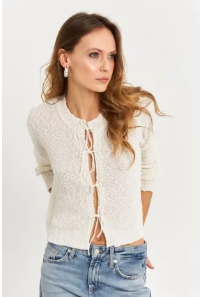 Kadın Ekru İpli Triko Hırka YV323