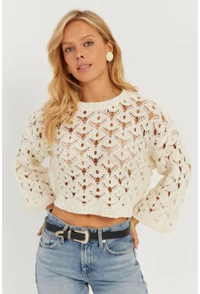 Kadın Ekru İspanyol Kol Ajurlu Triko Bluz MİW0761