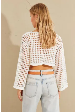 Kadın Ekru İspanyol Kol Ajurlu Triko Bluz YV203