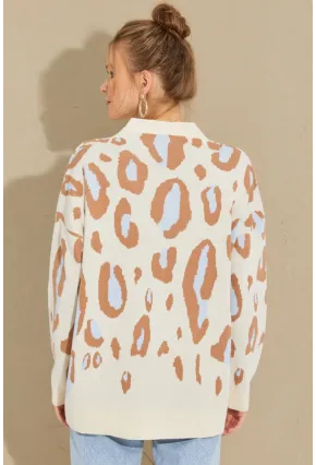 Kadın Ekru-Kahve Desenli Düğmeli Hırka KZ2495