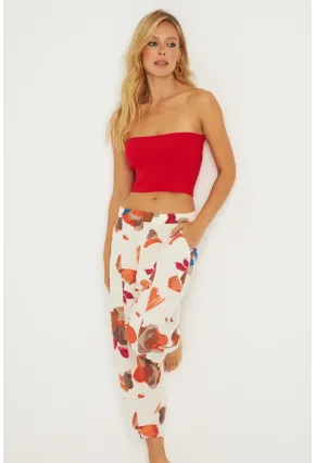 Kadın Ekru-Kahve Desenli Keten Şalvar Pantolon K1253