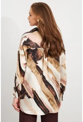 Kadın Ekru-Kahve Desenli Saten Gömlek MCAR1170