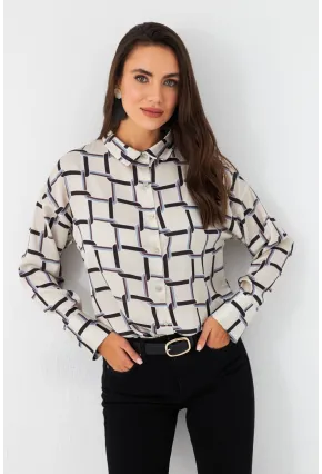 Kadın Ekru-Kahve Desenli Saten Gömlek MSHR500