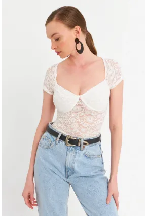 Kadın Ekru Kalp Yaka Tül Crop Bluz TPG05