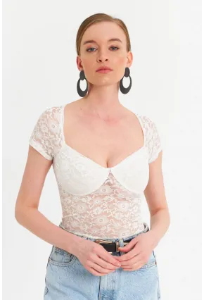 Kadın Ekru Kalp Yaka Tül Crop Bluz TPG05