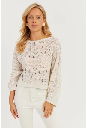 Kadın Ekru Kalpli Ajurlu Triko Bluz MİW3761