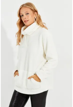Kadın Ekru Kanguru Cep Peluş Sweatshirt Q978