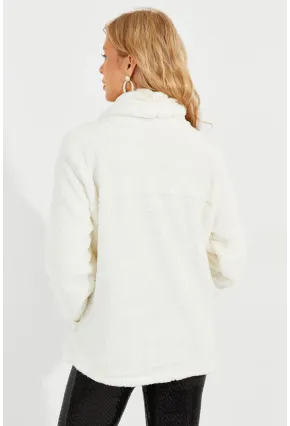 Kadın Ekru Kanguru Cep Peluş Sweatshirt Q978