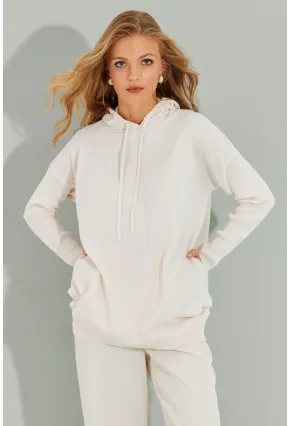 Kadın Ekru Kapüşonlu Cepli Triko Kazak YZ520