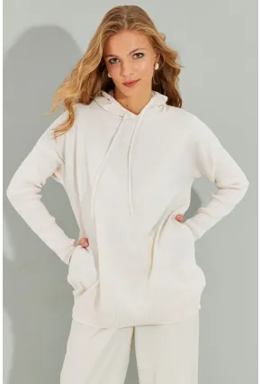 Kadın Ekru Kapüşonlu Cepli Triko Kazak YZ520