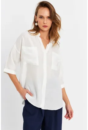 Kadın Ekru Keten Gömlek MELT170