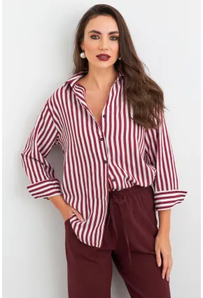 Kadın Ekru-Kiremit Çizgili Salaş Gömlek ELA6932