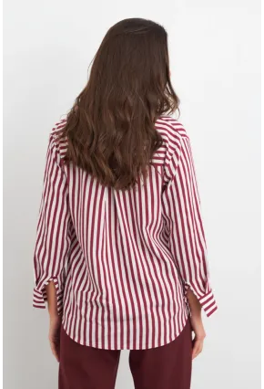 Kadın Ekru-Kiremit Çizgili Salaş Gömlek ELA6932