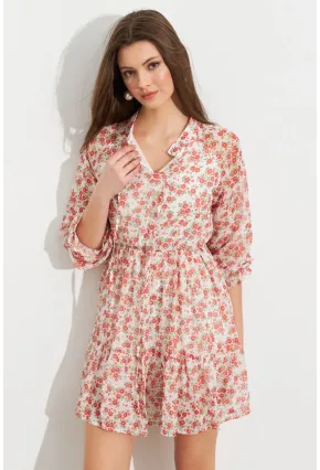 Kadın Ekru-Kırmızı Desenli Şifon Mini Elbise ROP107