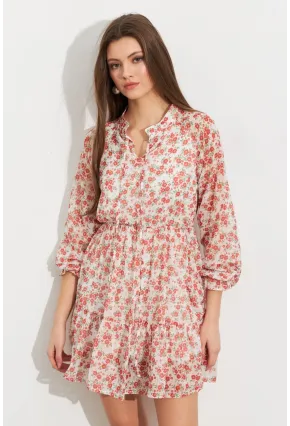 Kadın Ekru-Kırmızı Desenli Şifon Mini Elbise ROP107