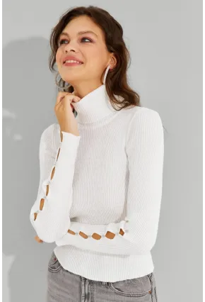 Kadın Ekru Kolları Taş Detaylı Balıkçı Kazak SF2185