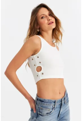 Kadın Ekru Küş Gözlü Crop Bluz ANT101