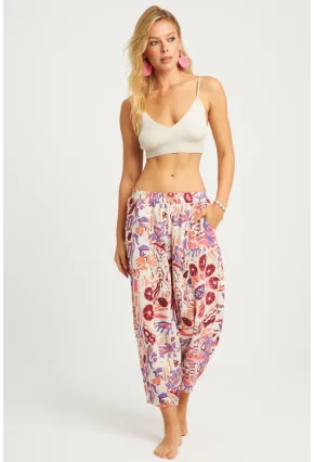 Kadın Ekru-Lila Desenli Keten Şalvar Pantolon K1253