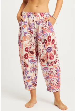 Kadın Ekru-Lila Desenli Keten Şalvar Pantolon K1253