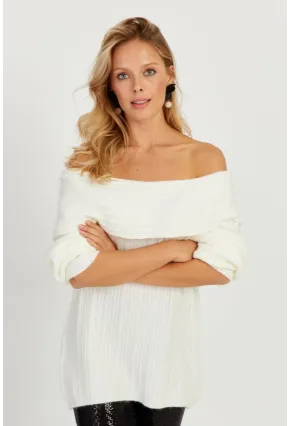 Kadın Ekru Madonna Yaka Triko Kazak KZ2506