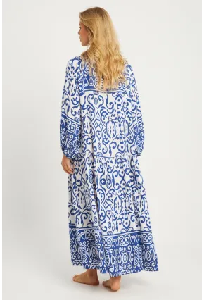 Kadın Ekru-Mavi Desenli Midi Elbise GÇ169