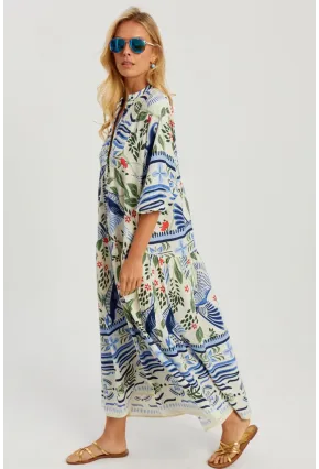 Kadın Ekru-Mavi Desenli Salaş Maxi Elbise GÇ166