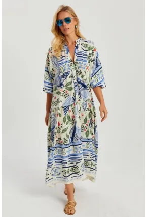 Kadın Ekru-Mavi Desenli Salaş Maxi Elbise GÇ166