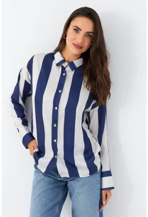 Kadın Ekru-Mavi Desenli Saten Gömlek MSHR500