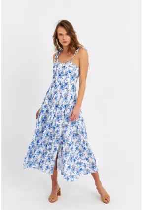 Kadın Ekru-Mavi İp Askılı Çiçekli Midi Elbise ERL10013