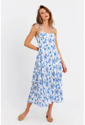Kadın Ekru-Mavi İp Askılı Çiçekli Midi Elbise ERL10013