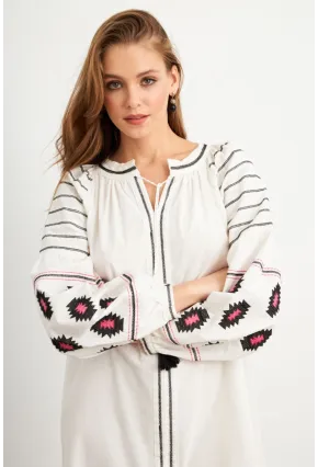 Kadın Ekru Nakışlı Balon Kol Keten Midi Elbise MQS5689-1