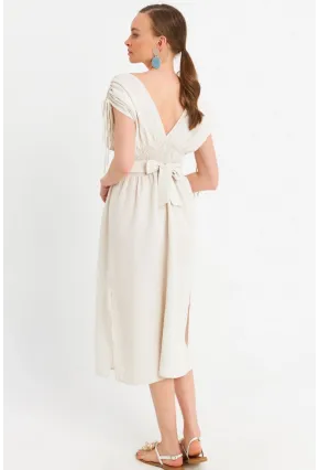 Kadın Ekru Ön Arka V Nakışlı Midi Elbise ELT180